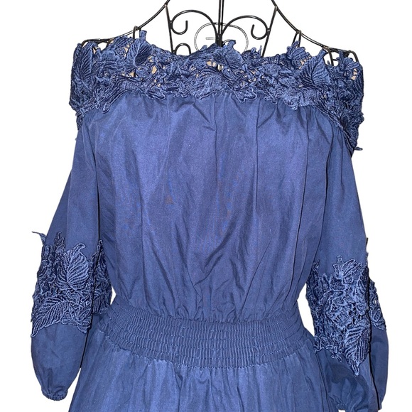 Navy Blue Off-Shoulder Cotton  Dress - Picture 3 of 6